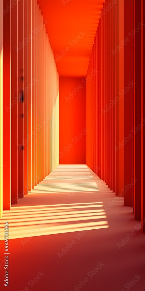 A narrow hallway with orange walls and a bright light at the end creates a sense of hope and optimism. A narrow hallway with orange walls and a bright light at the end creates a sense of hope and optimism.