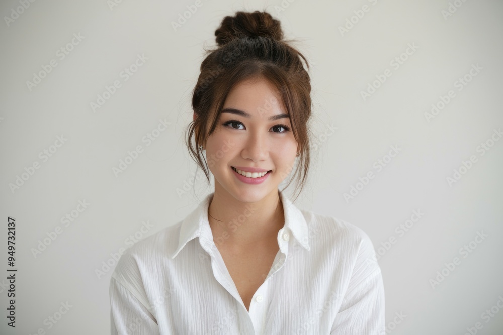 Smiling woman portrait. Young woman in a white shirt, with her hair up, smiling at the camera. Perfect for a business portrait or website. Smiling woman portrait. Young woman in a white shirt, with her hair up, smiling at the camera. Perfect for a business portrait or website.