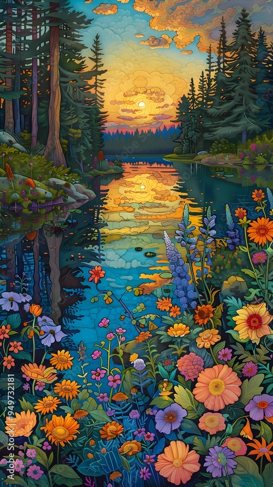 Fototapeta premium Sunset lakeside and cottage garden illustration poster background