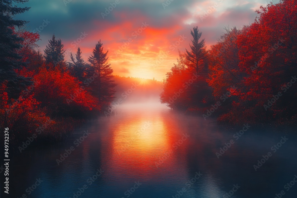 Obraz premium golden light of sunrise peeking through the misty fog over a serene river, surrounded by vibrant red and orange autumn foliage