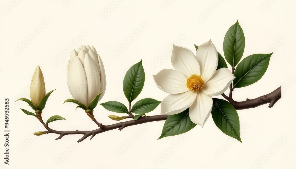 Elegant Branch of Magnolia with White Flowers and Buds Elegant Branch of Magnolia with White Flowers and Buds