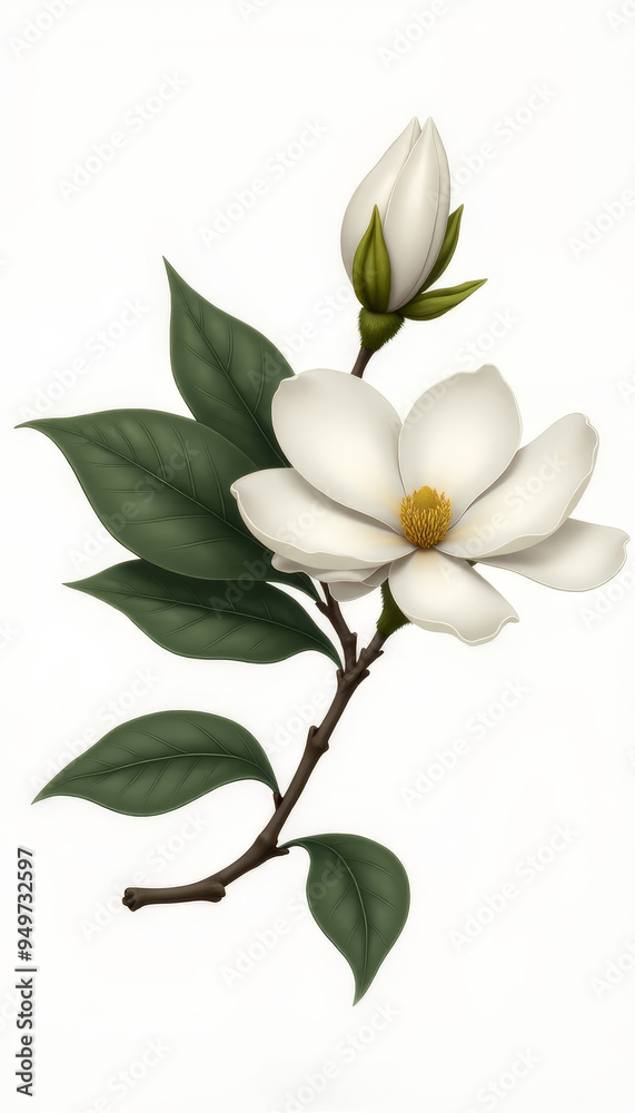 Obraz premium Elegant Magnolia Flower with Leafy Branch and Buds Displayed