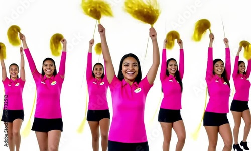 A group of cheerleaders wearing pink shirts and holding gold ribbon tassels danced on a white background