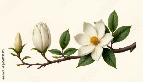 Elegant Branch of Magnolia with White Flowers and Buds