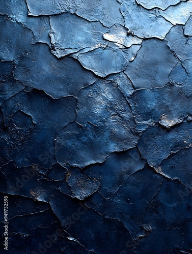 A close-up view of a textured, dark blue wall with uneven, cracked surfaces. The deep blue hue creates a dramatic and moody atmosphere.