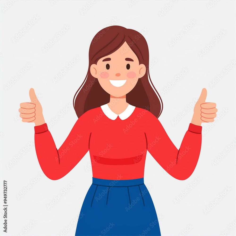 Like sign, joy, approval, happiness concept. Young happy smiling woman or girl teenager cartoon character showing thumbs up. Success and goal achievement facial expression flat vector illustration. Like sign, joy, approval, happiness concept. Young happy smiling woman or girl teenager cartoon character showing thumbs up. Success and goal achievement facial expression flat vector illustration.