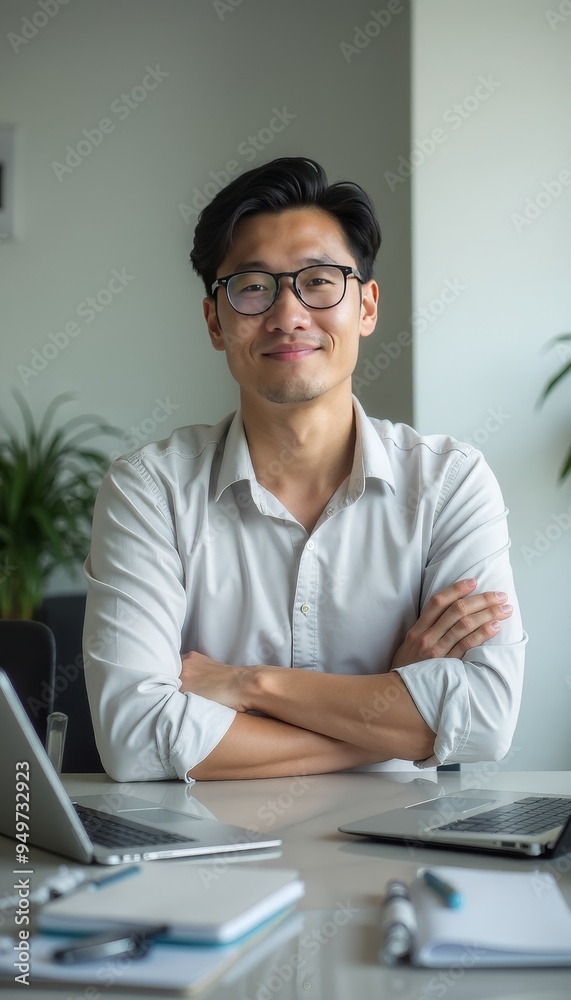 Confident Professional Man Smiling in Modern Office Environment Confident Professional Man Smiling in Modern Office Environment
