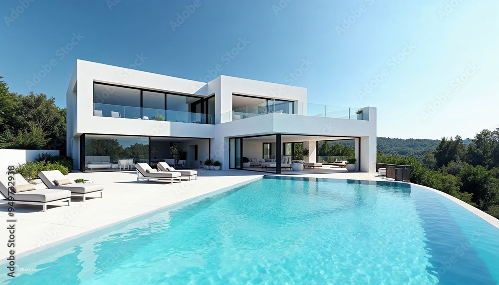 Fototapeta premium A stunning white villa with modern architecture against a clear blue sky, featuring large glass windows and a pristine swimming pool, conveying luxury and relaxation.