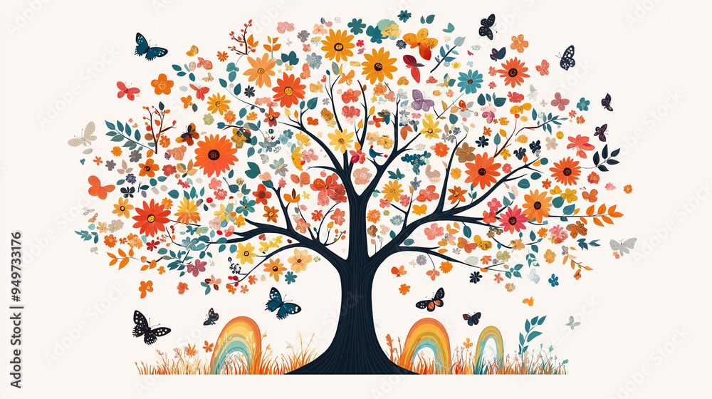 A tree with flowers and birds, vector illustration, colorful cartoon style, spring festival poster design, floral pattern, bright colors, high definition resolution, creative composition. A tree with flowers and birds, vector illustration, colorful cartoon style, spring festival poster design, floral pattern, bright colors, high definition resolution, creative composition.