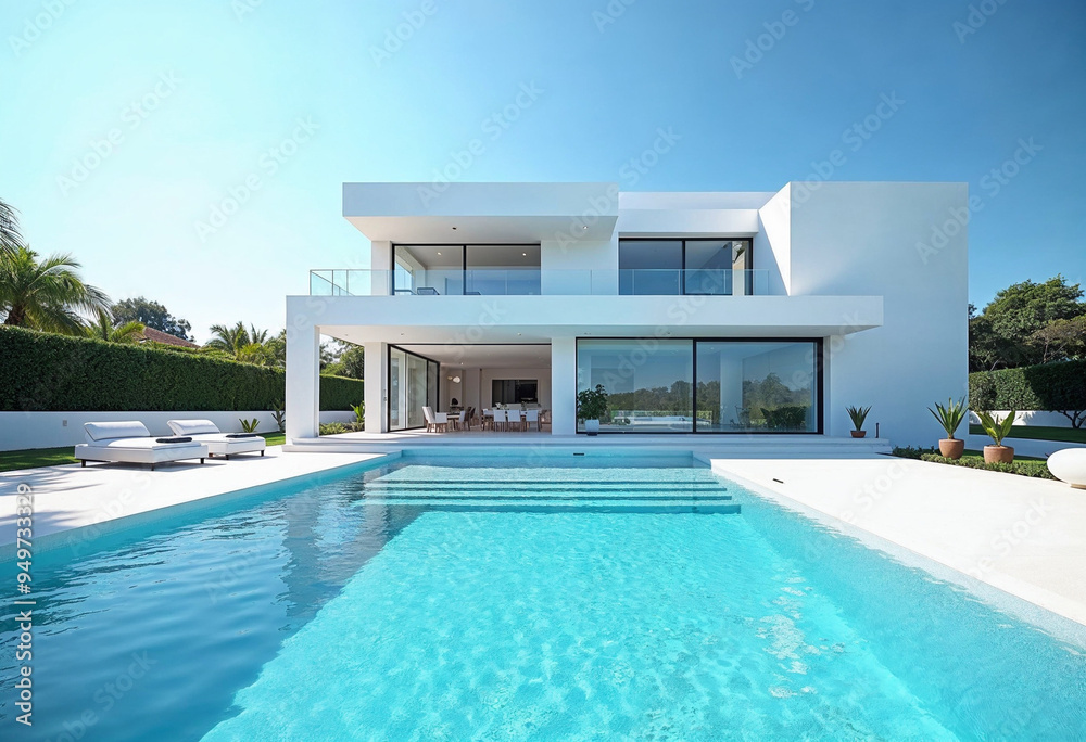 Fototapeta premium A stunning white villa with modern architecture against a clear blue sky, featuring large glass windows and a pristine swimming pool, conveying luxury and relaxation.