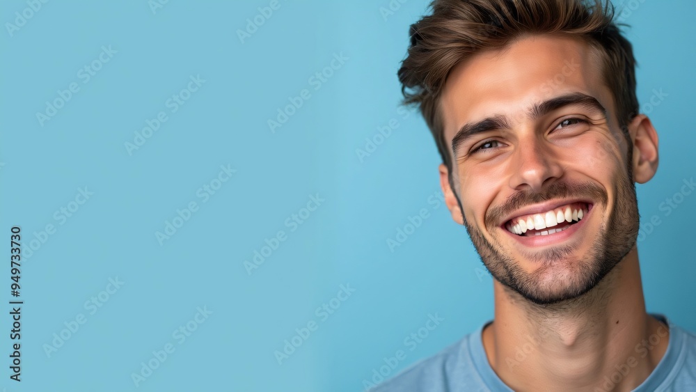Obraz premium Close up a beautiful healthy smile of a young man on light blue background with copyspace