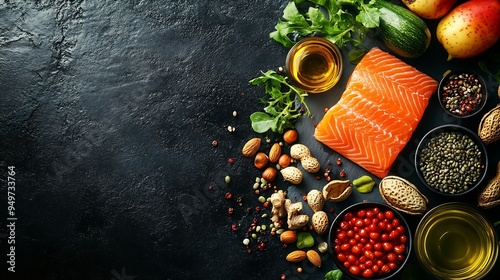 Food sources of omega 3 on dark background with copy space top view Foods high in fatty acids including vegetables seafood nut and seeds Health food fitness : Generative AI photo