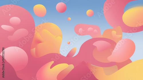 Abstract pink yellow shapes. Colorful organic shapes blend in an abstract design, creating a dynamic and vibrant visual. photo