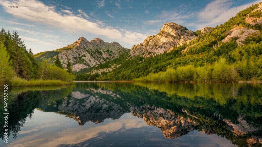 Fototapeta premium Mountain lake reflection. Tranquil lake reflecting mountainous scenery, showcasing nature's beauty and serenity.