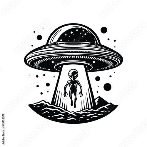 UFO and Alien illustration. hand drawn Alien black and white vector illustration. isolated white background