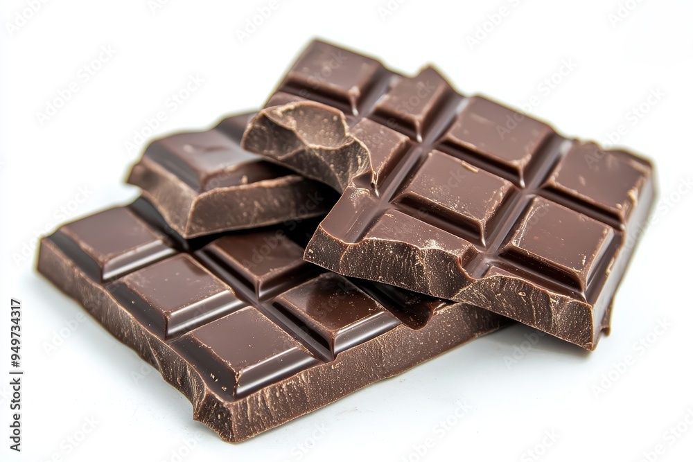 Three pieces of dark chocolate arranged on a white background.