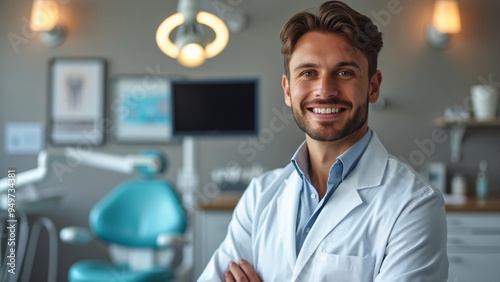 Happy male dentist at dental clinic