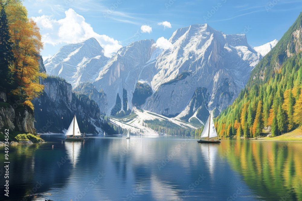 Naklejka premium Peaceful lake Vorderer Gosausee on a crisp autumn morning, reflecting the breathtaking Dachstein glacier and the picturesque Austrian Alps