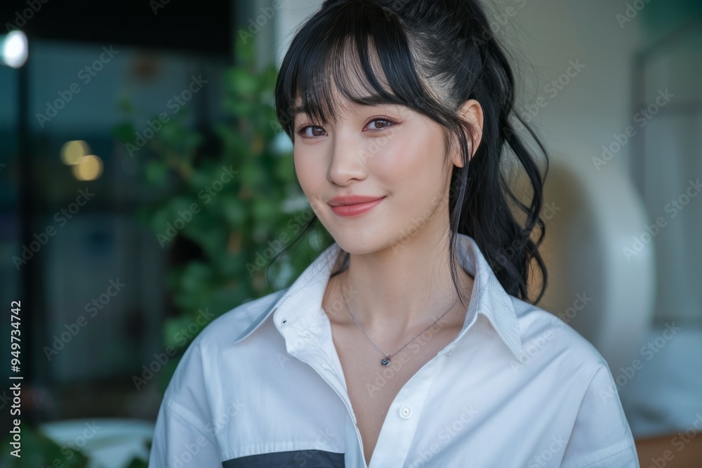 Woman smile portrait. Young woman with dark hair, wearing a white shirt, looks at the camera with a friendly smile. Woman smile portrait. Young woman with dark hair, wearing a white shirt, looks at the camera with a friendly smile.