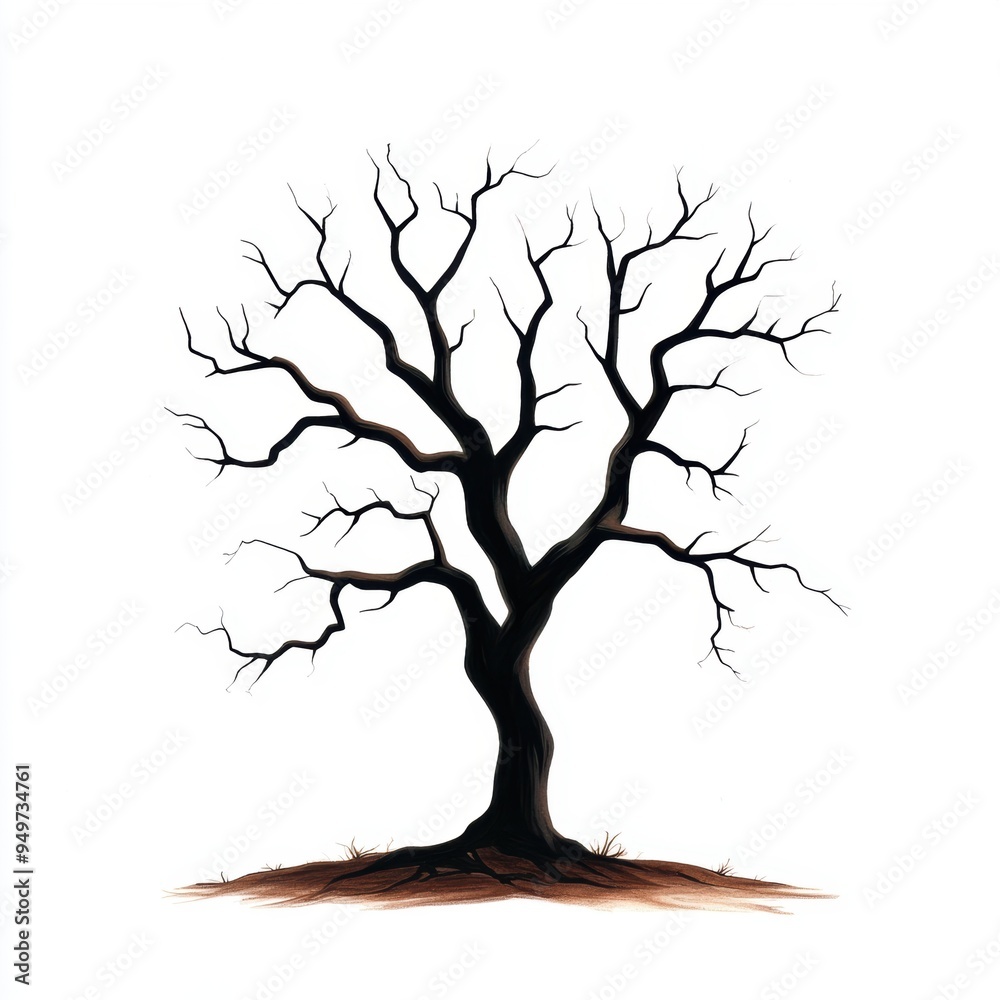 A stark, leafless tree silhouette with intricate branches against a white background, symbolizing barren beauty and nature's cycles. A stark, leafless tree silhouette with intricate branches against a white background, symbolizing barren beauty and nature's cycles.
