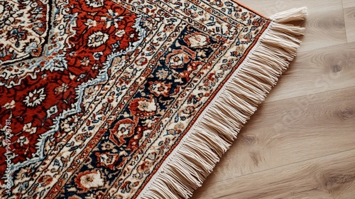 decorative persian rug with cotton fringe on laminated wood flooring : Generative AI photo