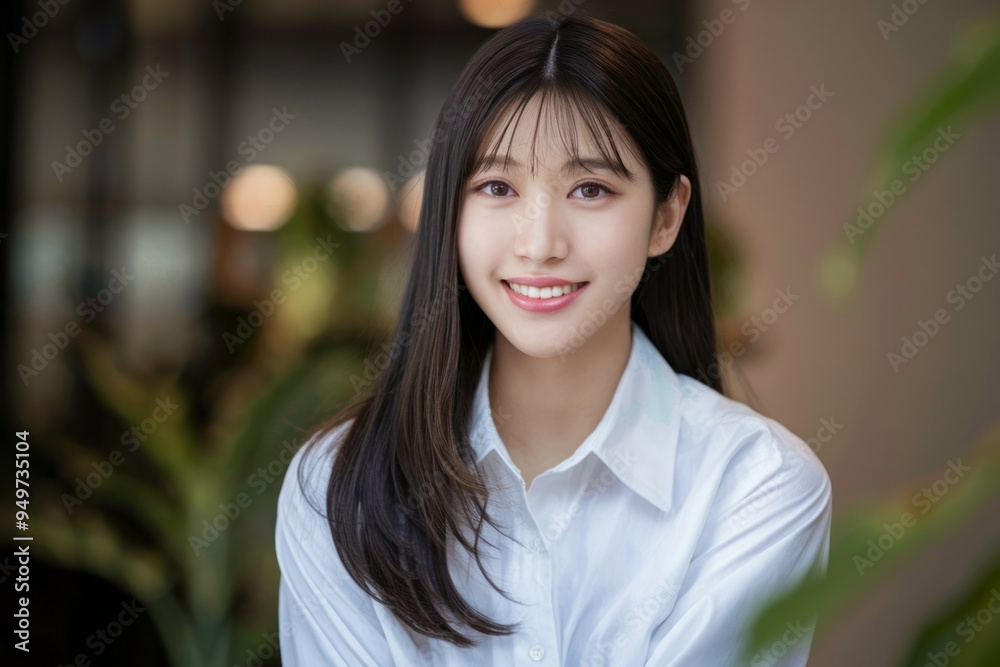 Smiling woman portrait. Young woman with long dark hair smiling in a white shirt. She is looking at the camera. Smiling woman portrait. Young woman with long dark hair smiling in a white shirt. She is looking at the camera.
