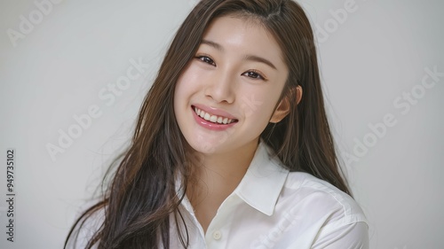 Happy woman portrait. A cheerful young woman with long dark hair smiles at the camera, wearing a white shirt.