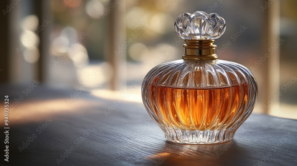 Elegant Perfume Bottle on Wooden Table Elegant Perfume Bottle on Wooden Table