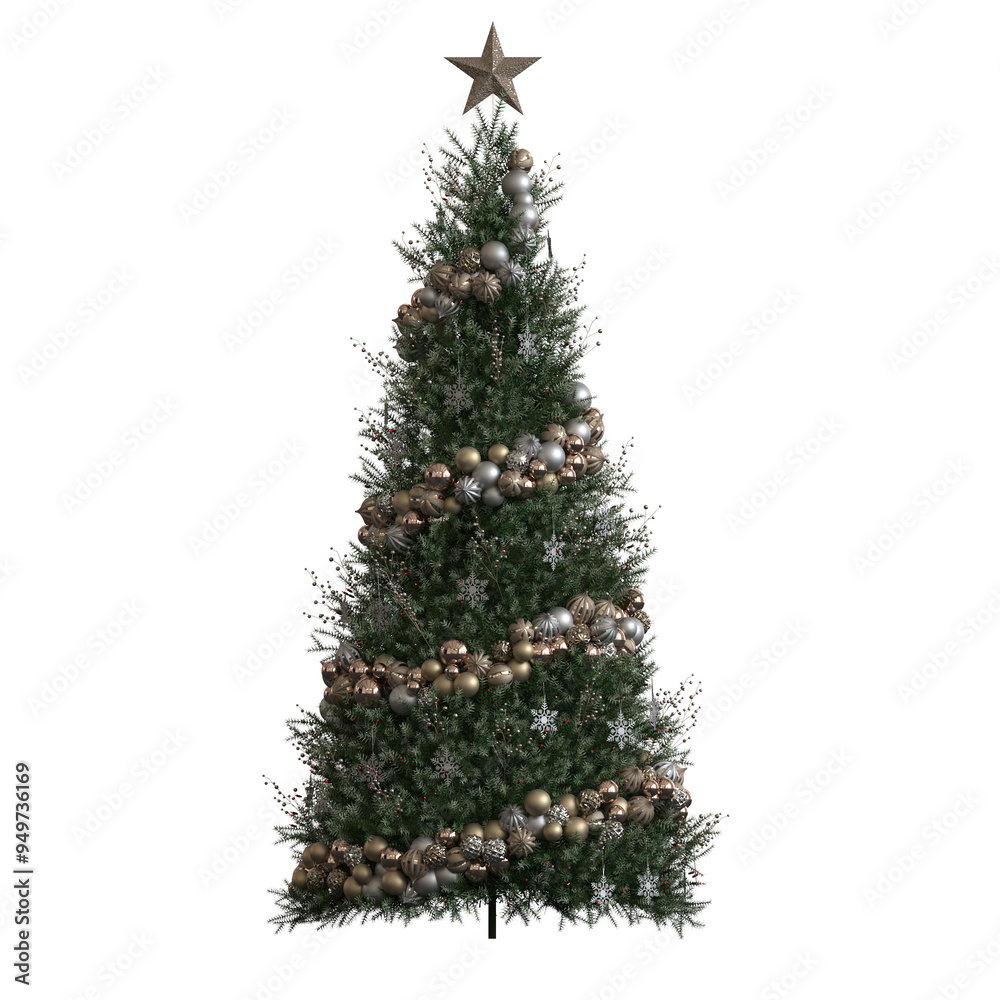 Fototapeta premium Christmas tree with decorations, isolate on a transparent background, 3d illustration, cg render 