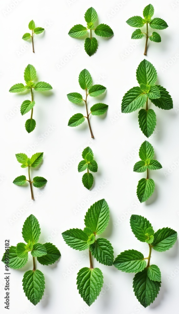 Fresh Mint Leaves Arranged in Various Sizes on a White Surface Fresh Mint Leaves Arranged in Various Sizes on a White Surface