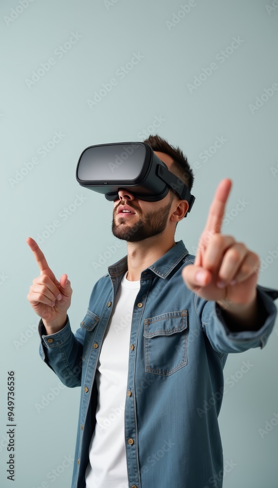 Man Engaged in Virtual Reality Experience with VR Headset