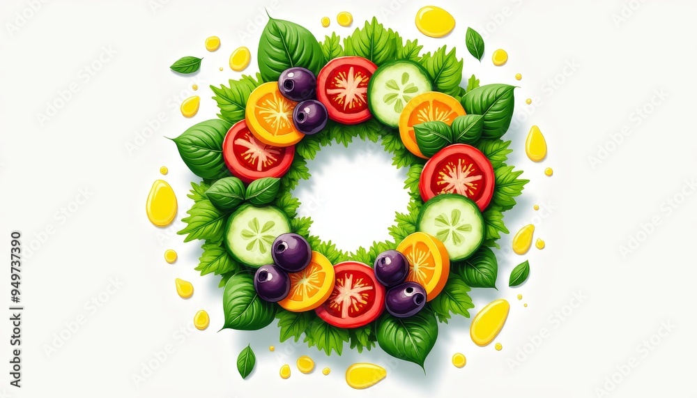 Vibrant Circular Arrangement of Fresh Fruits and Leafy Greens Vibrant Circular Arrangement of Fresh Fruits and Leafy Greens