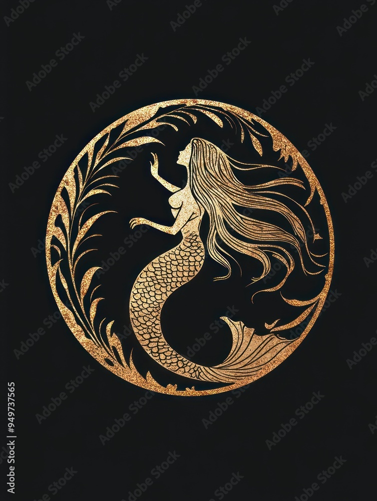 A stylized mermaid surrounded by ornamental foliage in a circular design. A stylized mermaid surrounded by ornamental foliage in a circular design.