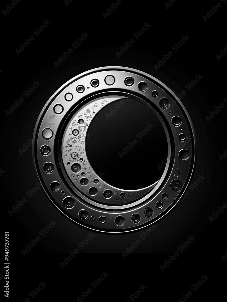 A sleek, circular design with a reflective surface and textured detailing, set against a dark background. A sleek, circular design with a reflective surface and textured detailing, set against a dark background.
