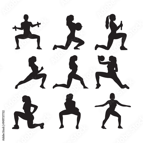 Vector set Silhouette of women squat exercises workout silhouette on white background
