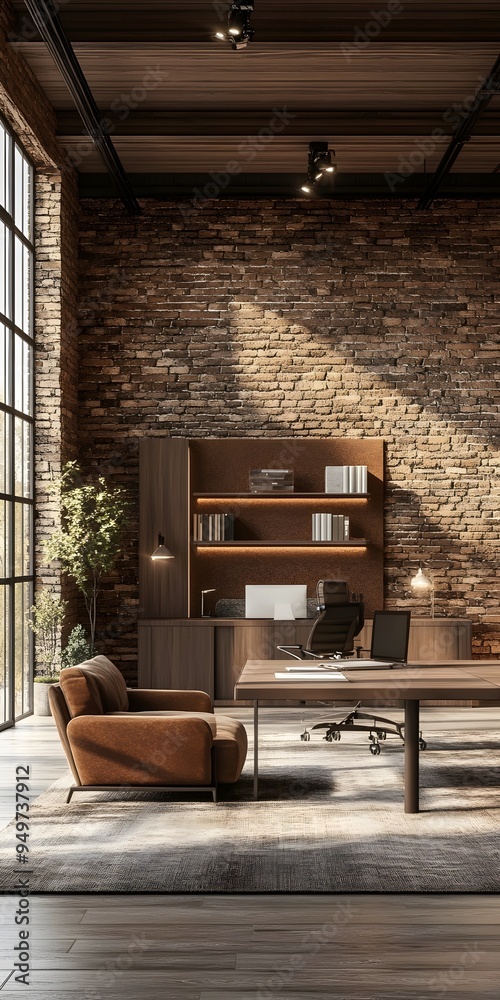 A modern office space with a brown leather armchair and a large desk in front of a brick wall. A modern office space with a brown leather armchair and a large desk in front of a brick wall.