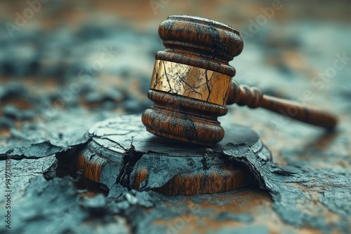 A broken gavel with a cracked base, isolated on a soft pastel gray background, photo