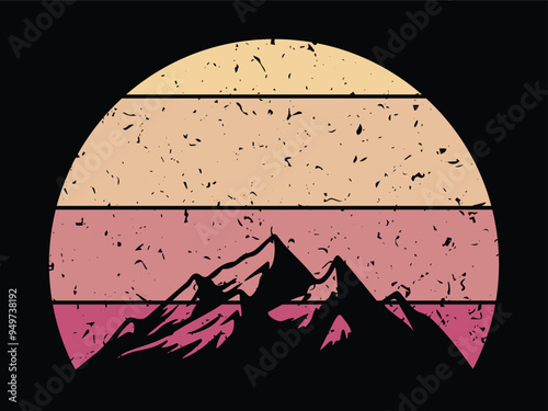 Vintage retro sunset striped circle with mountain silhouettes. mountain with sunset t shirt design black background