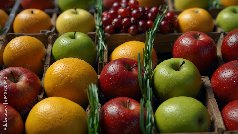 Natural Freshness A Mix of Apples and Oranges with Water Droplets Natural Freshness A Mix of Apples and Oranges with Water Droplets