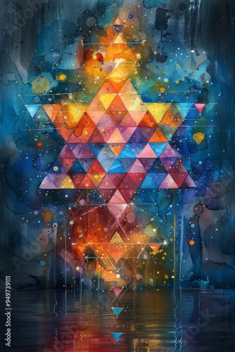 Watercolor illustration Shana Tova greeting card with a Star of David. Rosh Hashanah Vector illustration, Happy Jewish New Year, Jewish Autumn Rosh Hashana celebration, Shana Tova Watercolor