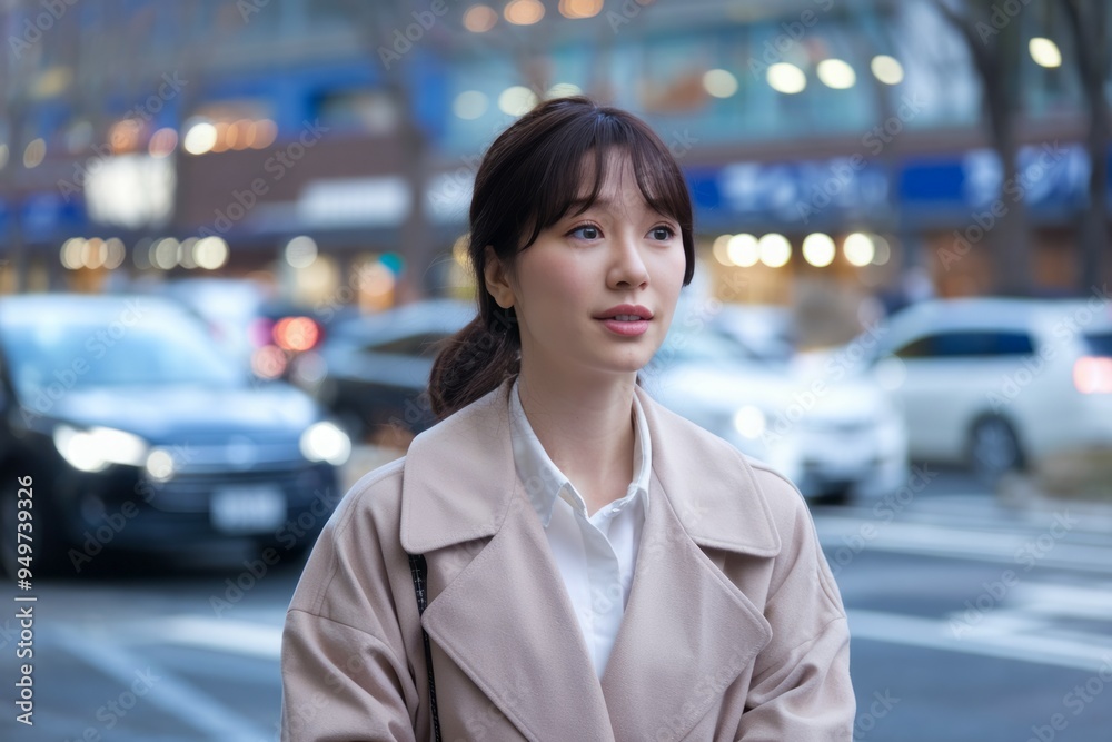 Woman walking city street. A young woman walks down a city street, with a contemplative expression, reflecting on her day. Woman walking city street. A young woman walks down a city street, with a contemplative expression, reflecting on her day.