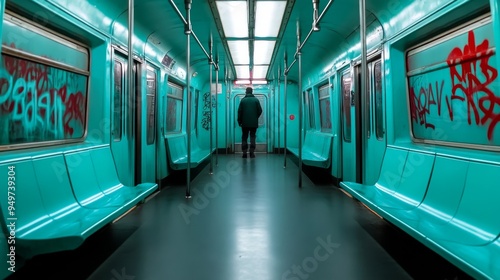 Lonely figure standing in a Dark, abandoned Subway Car with Gratified Walls photo