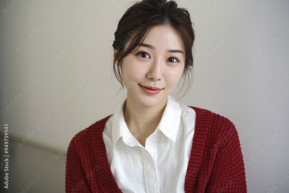 Asian woman smile. Young woman smiling, wearing a red cardigan and white shirt. Asian woman smile. Young woman smiling, wearing a red cardigan and white shirt.
