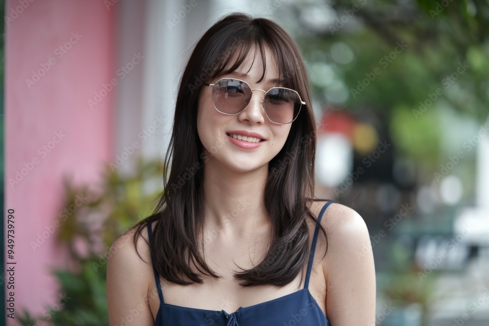 Woman smiling sunglasses. Young woman with long dark hair wearing sunglasses, smiling. Woman smiling sunglasses. Young woman with long dark hair wearing sunglasses, smiling.