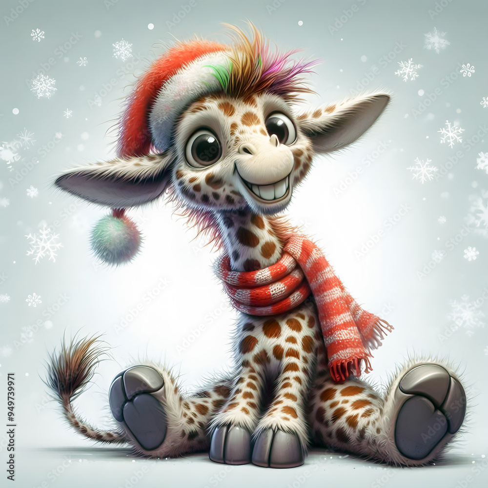 Fototapeta premium Giraffe wearing a Christmas hat, Merry Christmas card, banner, copy space