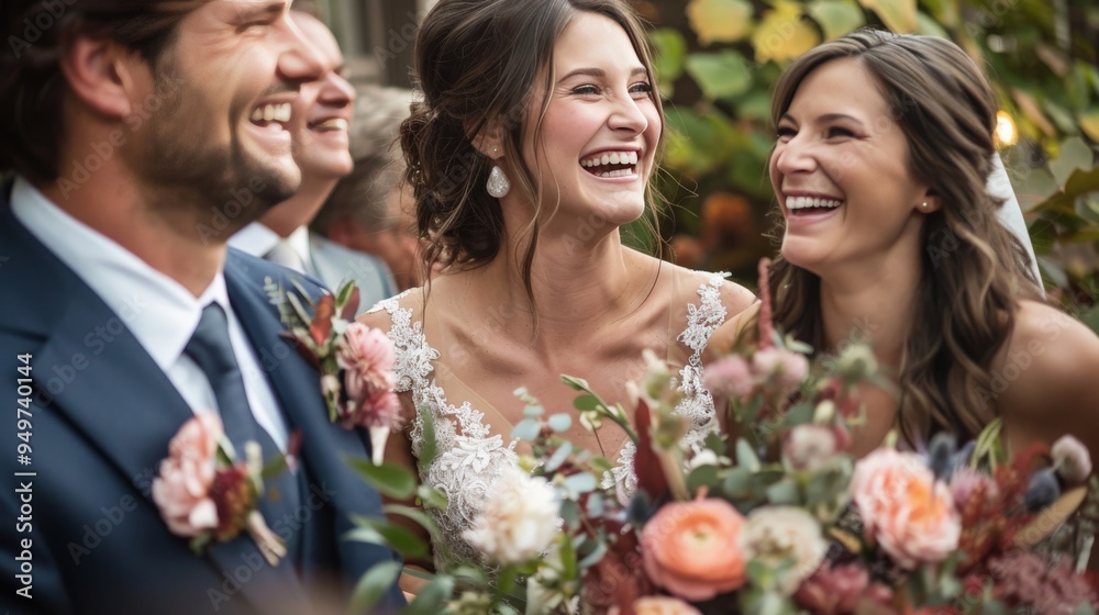 Joyful moment of the bride and groom surrounded by their loved ones Joyful moment of the bride and groom surrounded by their loved ones