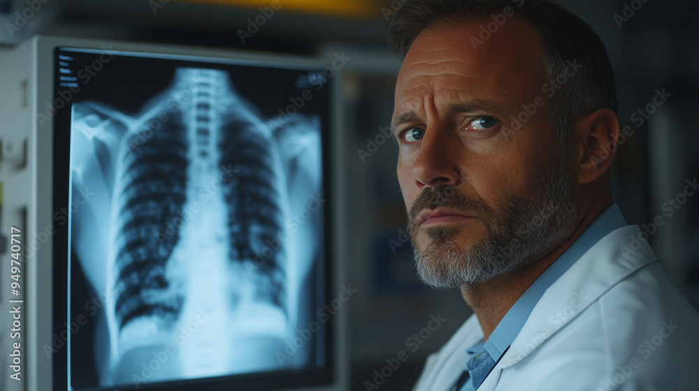 Portrait of a serious male doctor, against the background of a chest x-ray. Portrait of a serious male doctor, against the background of a chest x-ray.
