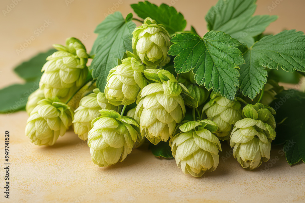 A close-up of a handful of fresh hops, with vibrant green cones and leaves, isolated on a pale yellow background, A close-up of a handful of fresh hops, with vibrant green cones and leaves, isolated on a pale yellow background,