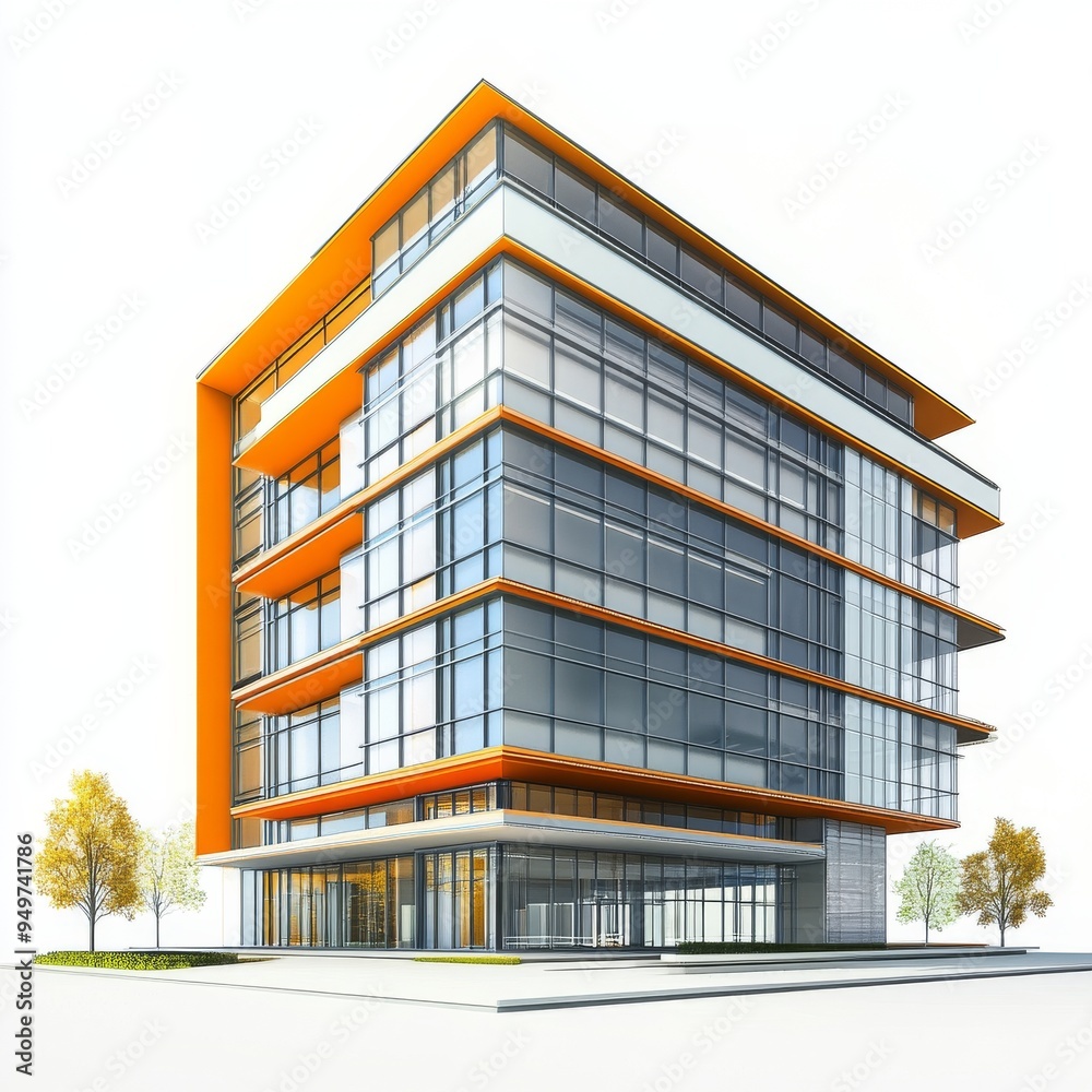 Obraz premium 3D illustratiin of modern office building with orange colors, white background