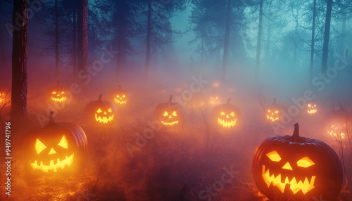 Glowing Jack-o'-Lanterns in a Foggy Forest